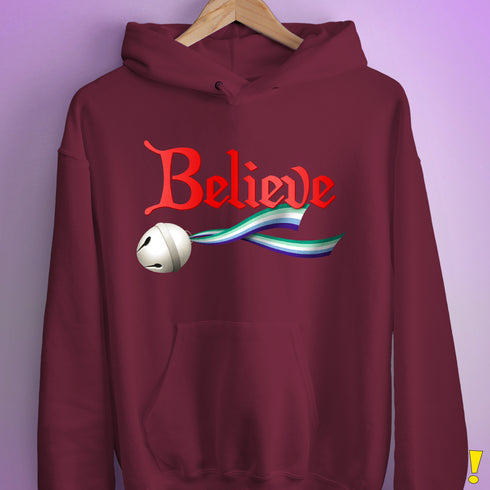 Believe Gay Male Pride Flag Jingle Bell Hoodie - Maroon